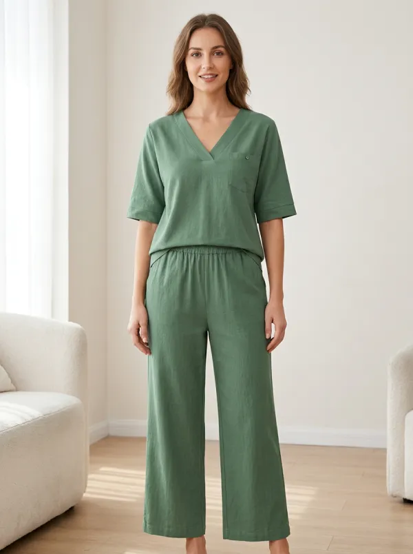 Short-Sleeve Pocket Cotton-Blend Women's V-Neck Shirt