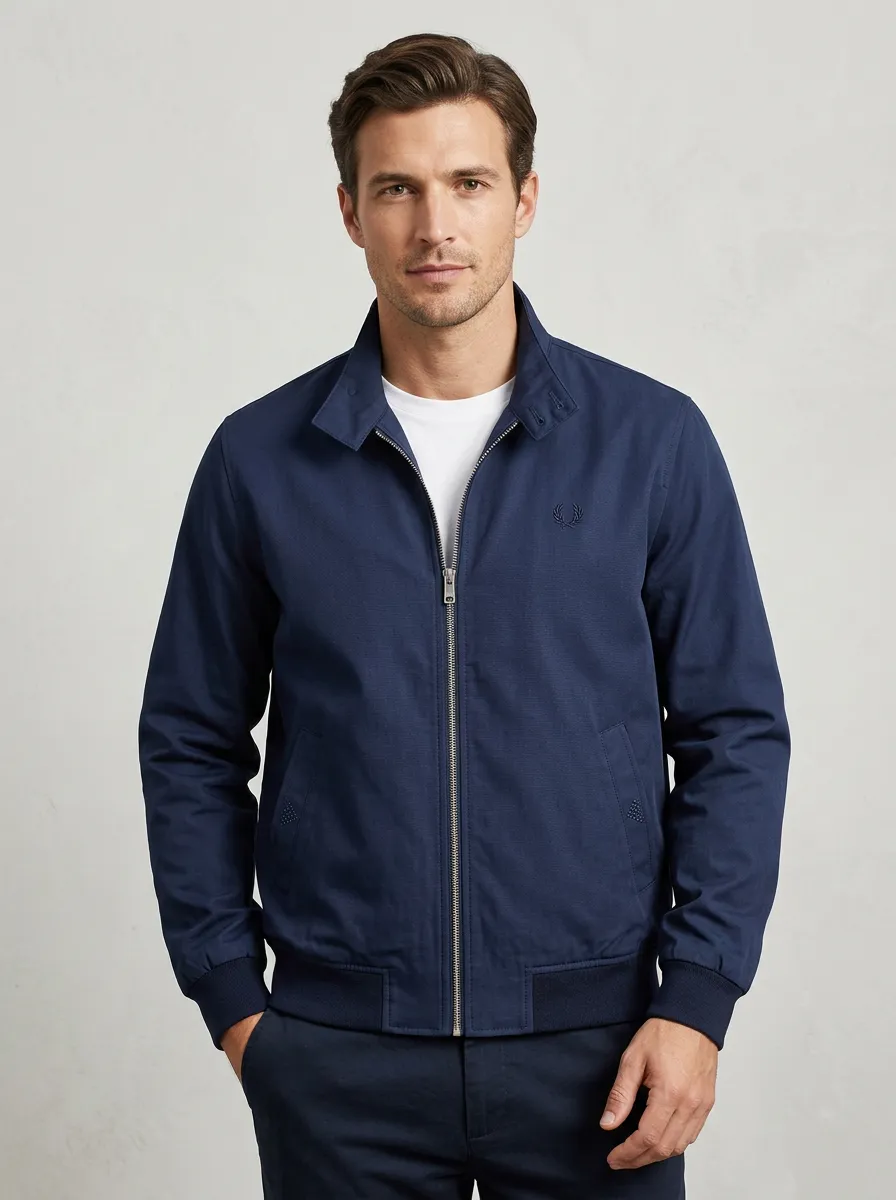 Men's Casual Minimalist Navy Embroidered Harrington Jacket