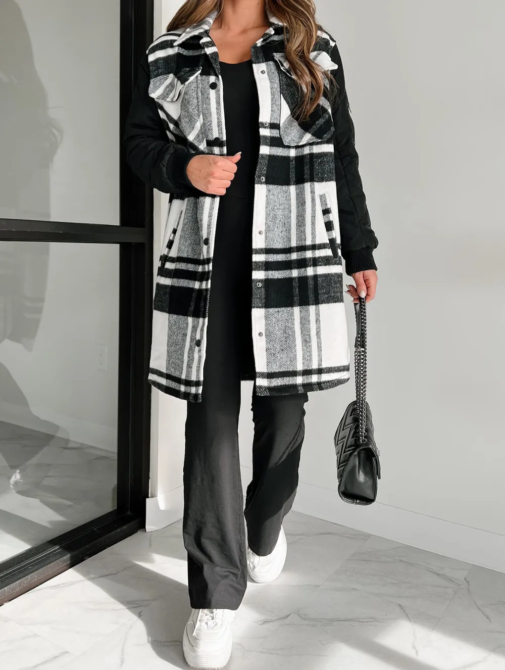 Quilted Sleeve Plaid Coat