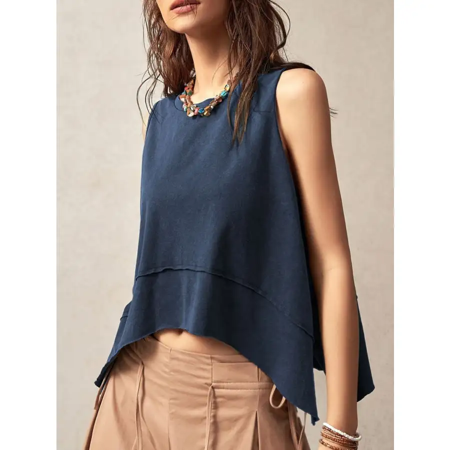 Exposed Seam Side Slit Round Neck Tank