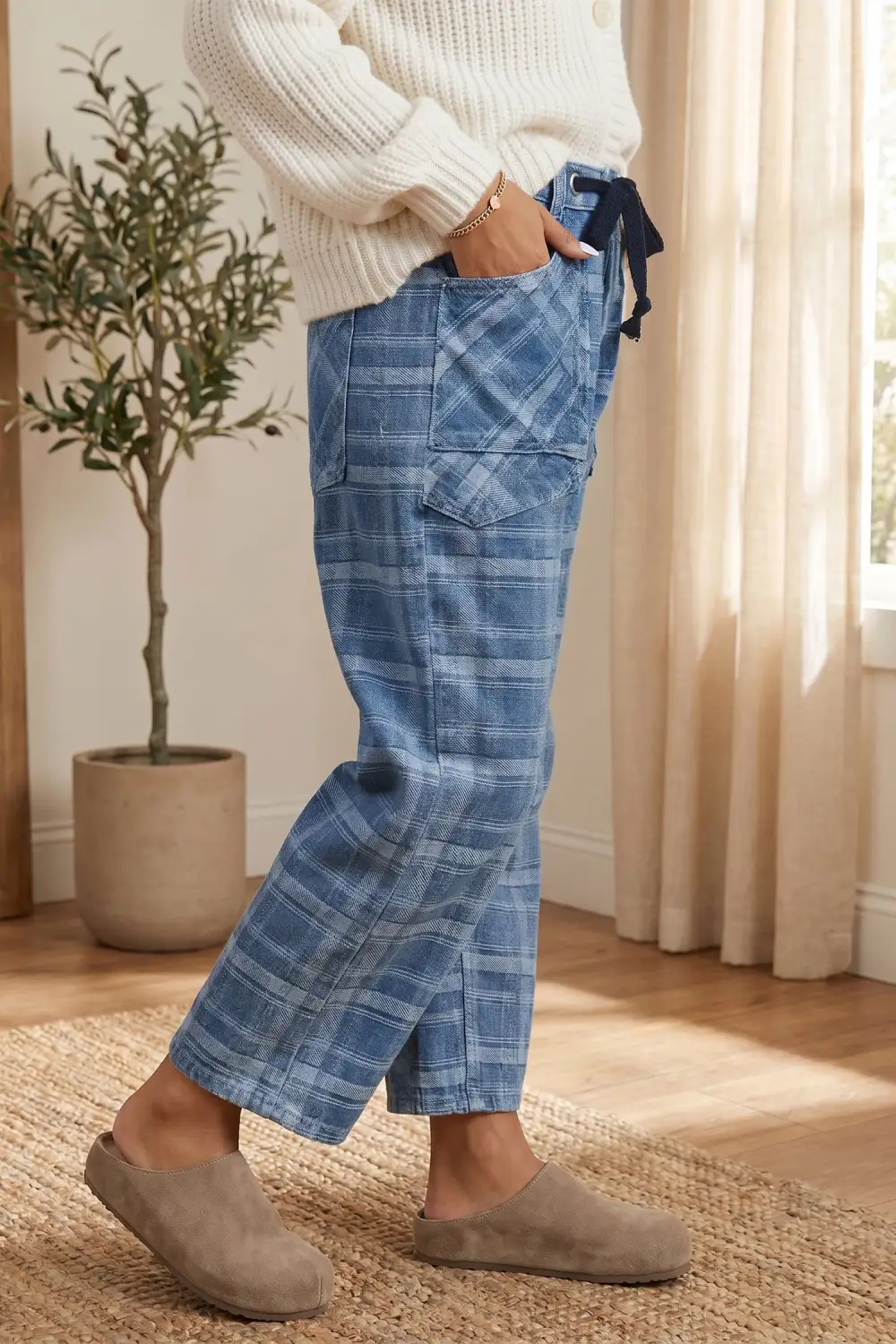 Women's Plaid Denim Grommet Drawstring Waist Ankle Length Jeans