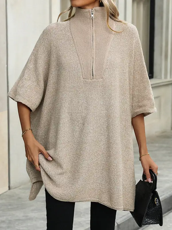 Paneled Zip Detail V-Neck Elbow Sleeve Relaxed Fit Sweater