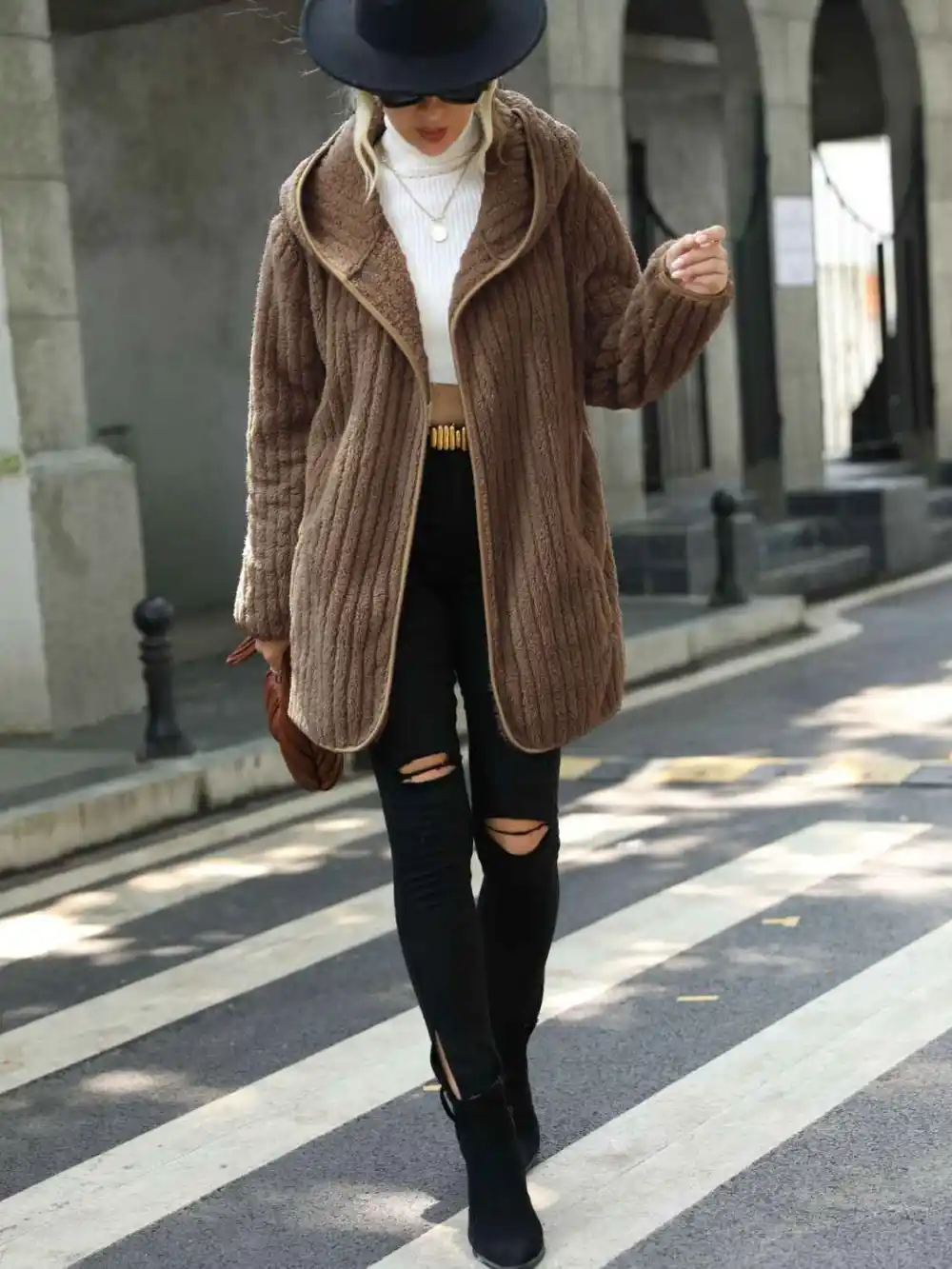 Open Front Ribbed Hooded Coat