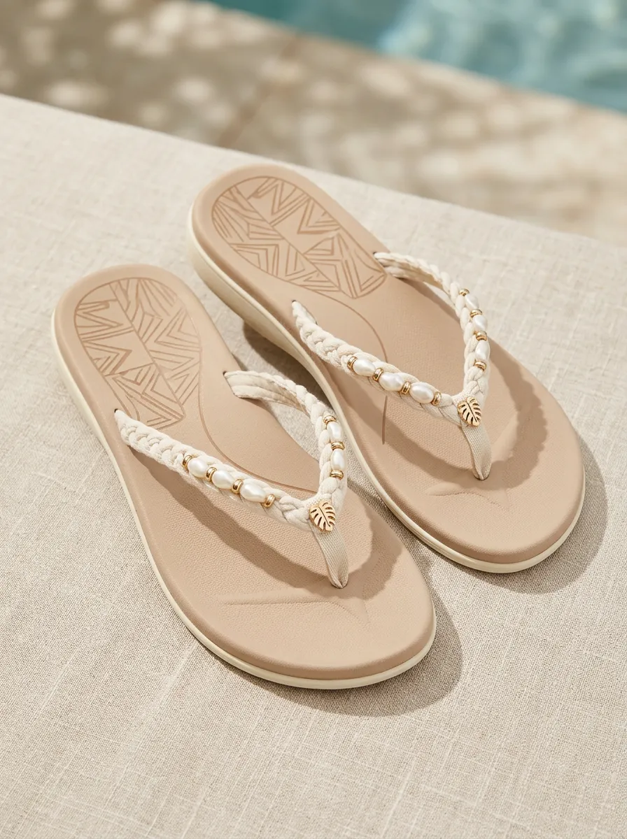Women's Braided Strap Leaf Print Pearl Detail Flat Flip Flops