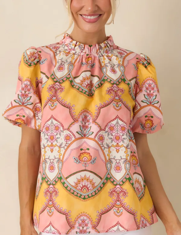 Short-Sleeve Mock-Neck Scarf-Print Cotton Top