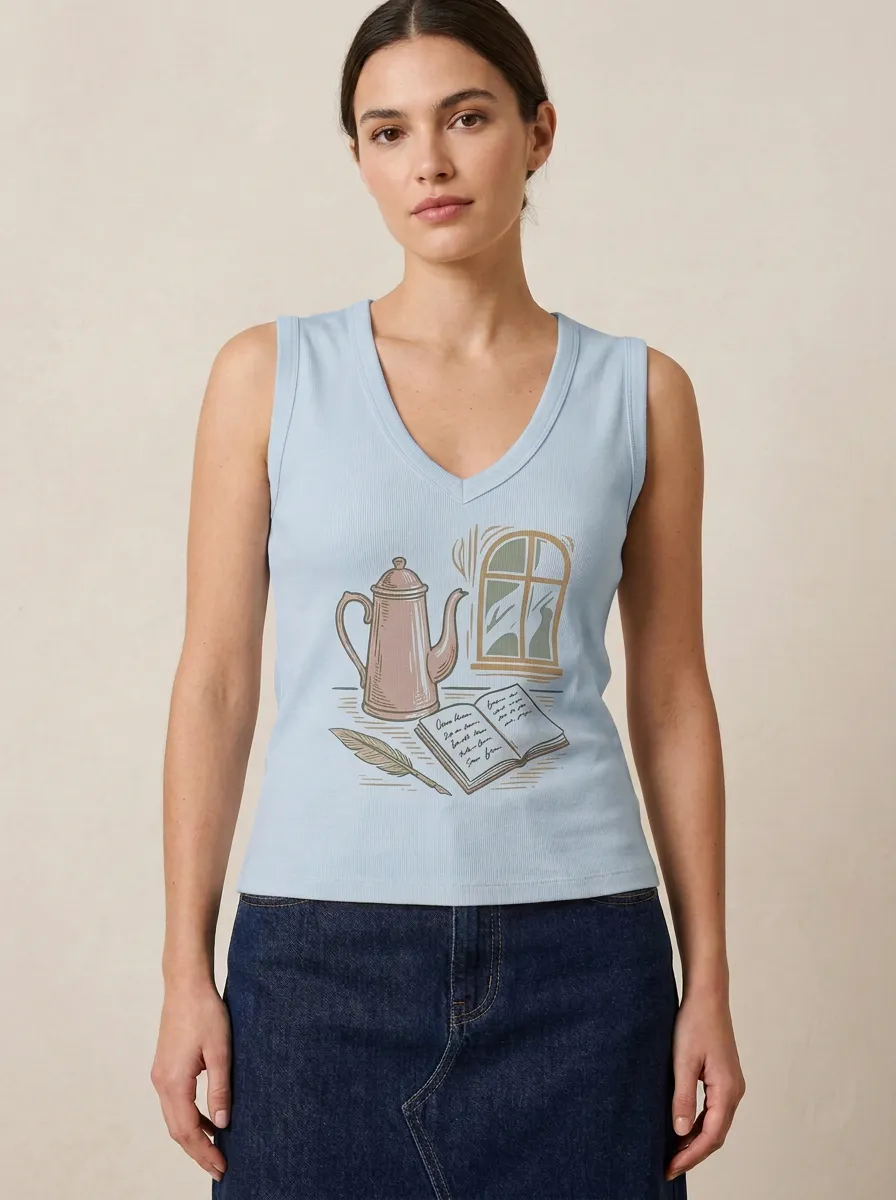 Women's Book Lover Coffee Window Quill Printed Tank Top