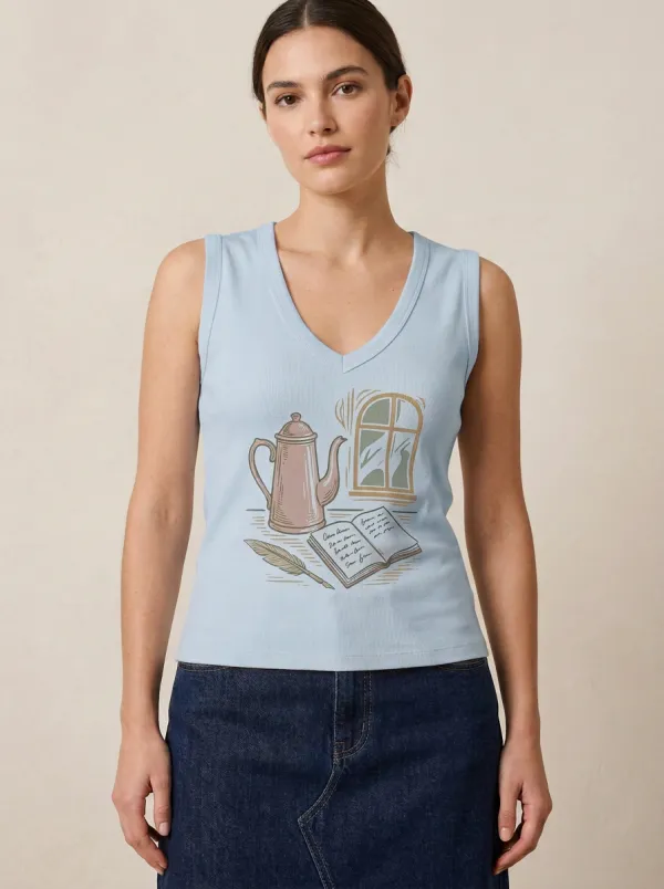 Women's Book Lover Coffee Window Quill Printed Tank Top