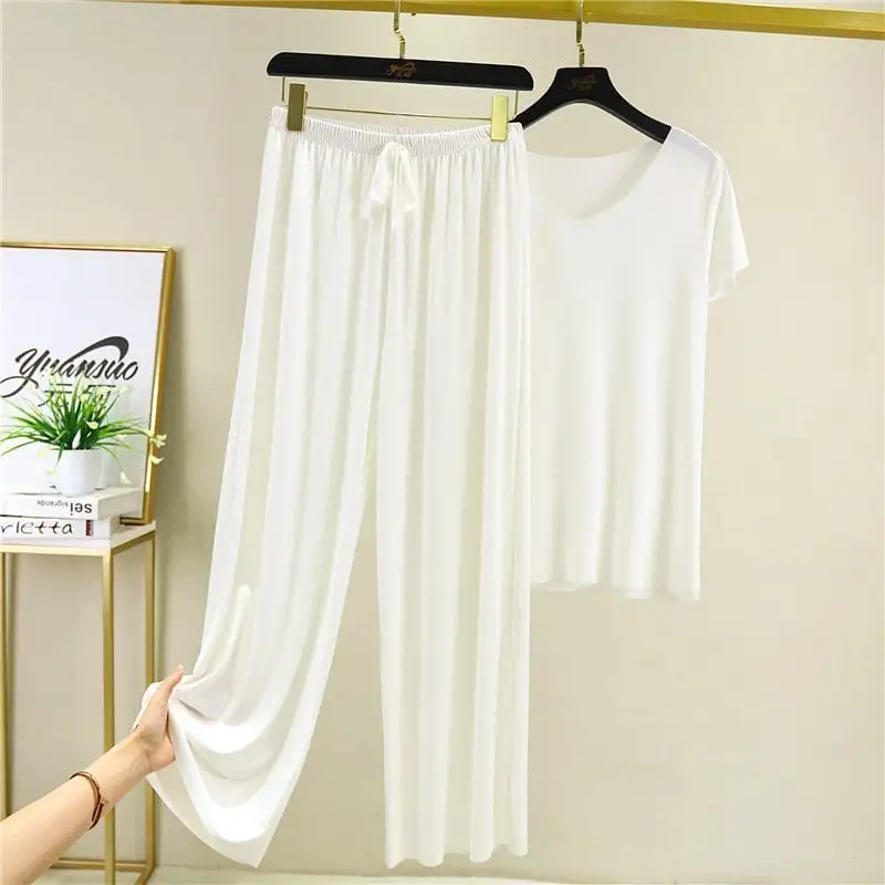 (💥48 % OFF)Soft Comfortable Ice Silk Short Sleeve T-Shirt Two Piece Set Loose Wide-leg Pants