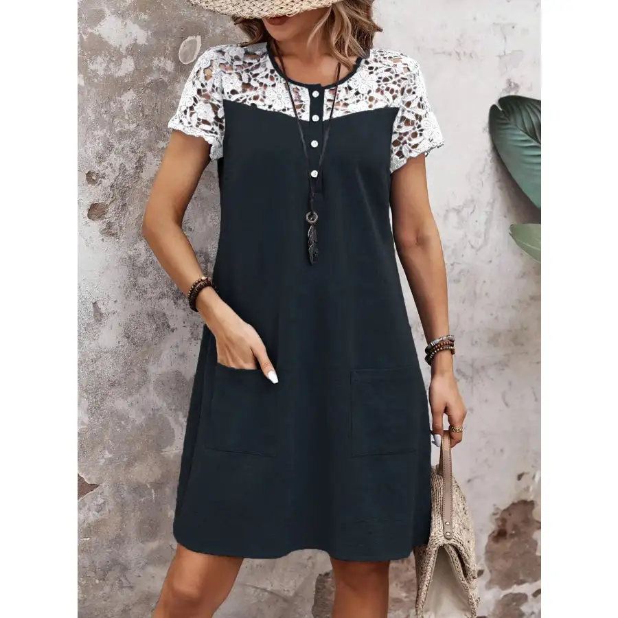 Lace Button Detail Round Neck Mini Dress