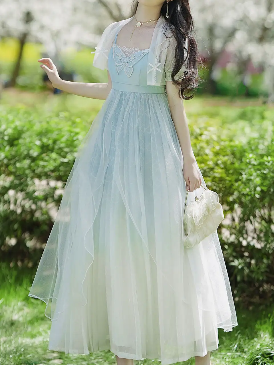 Embroidered Butterfly Puff Long Dress
