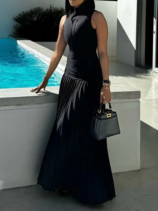 Mock Pleated Sleeveless Neck Maxi Dress