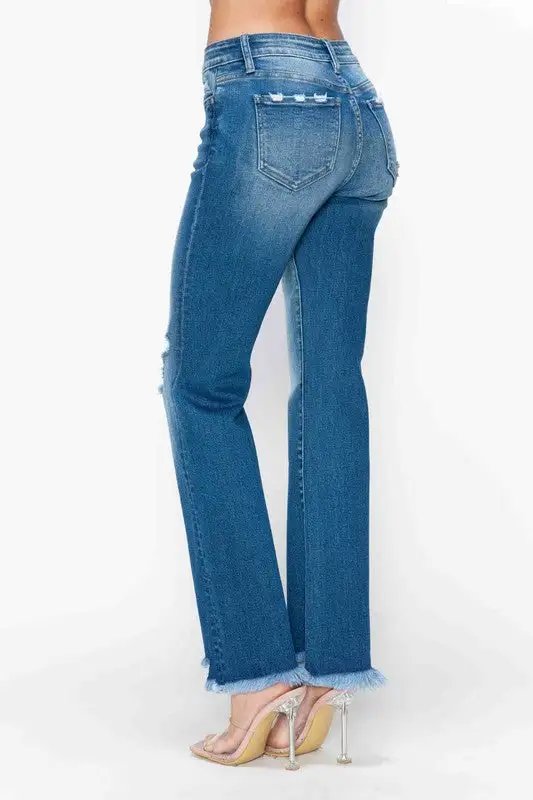 Mid-Rise Raw-Hem Distressed Washed Straight Leg Jeans