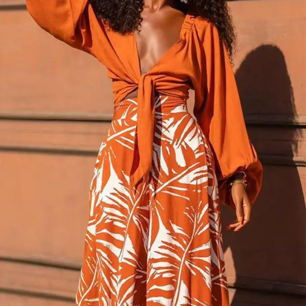 Layered V Neck Long Sleeve Top And Printed Pants Set