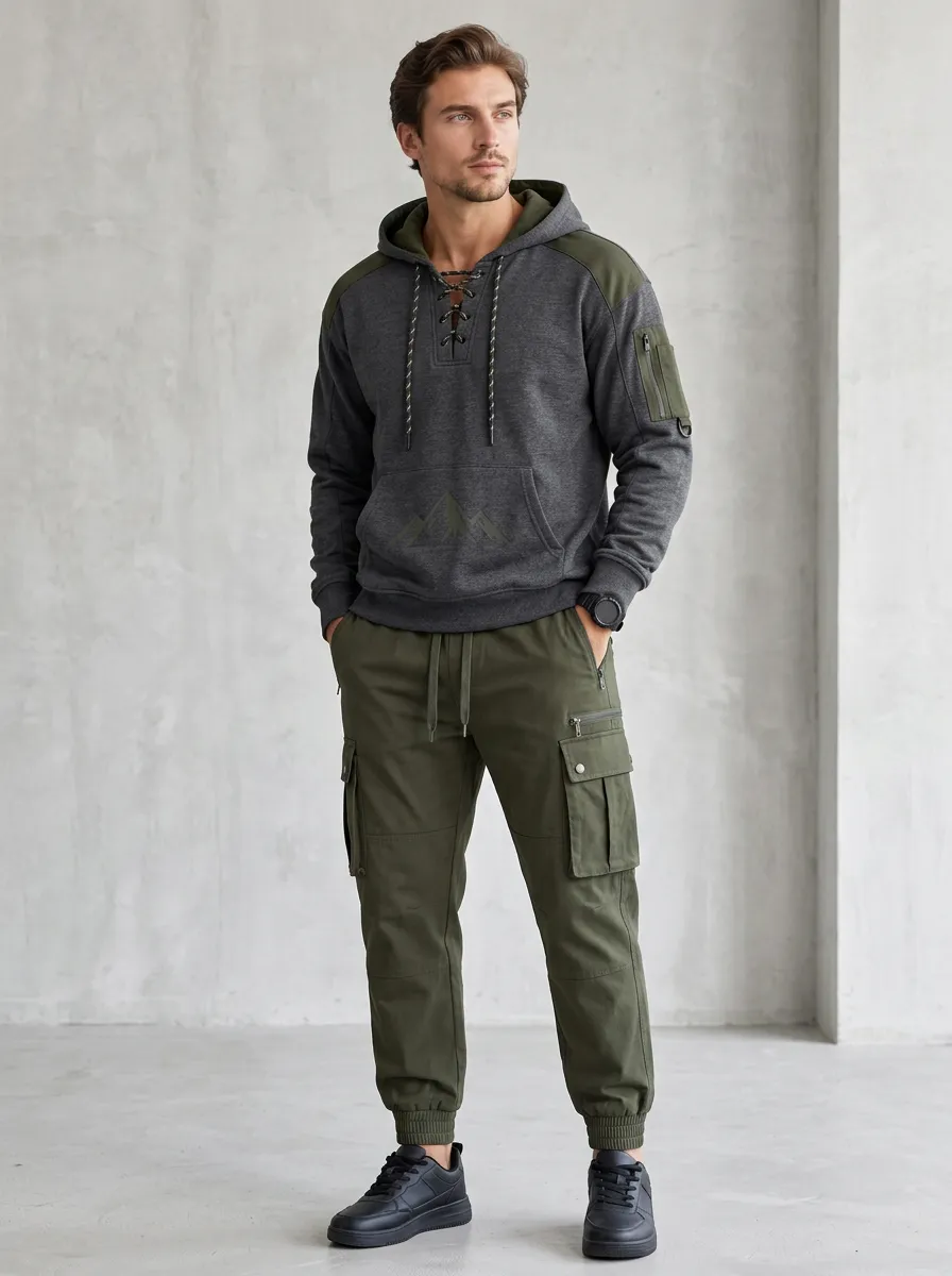 Daily Lace-Up Multi Pocket Design Men's Lace Up Hoodie And Cargo Jogger Set