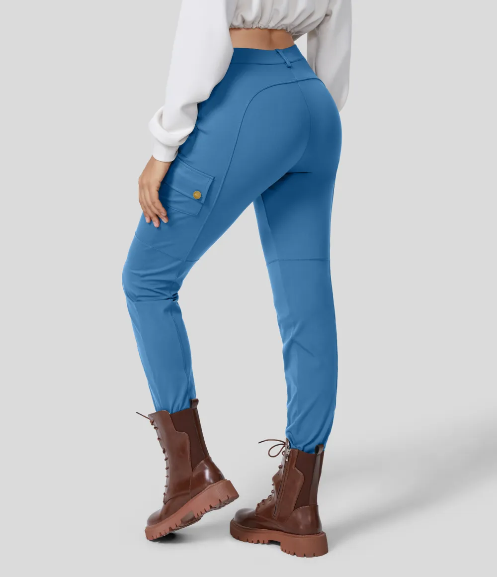 High Waisted Button Zipper Multiple Pockets Solid Skinny Cargo Pants