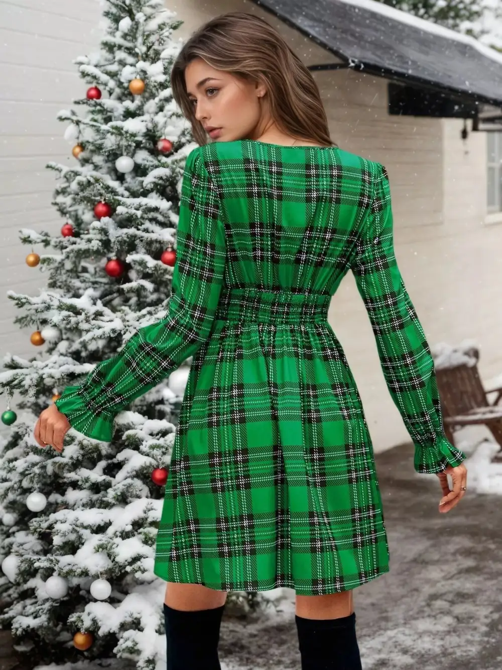 Plaid V Neck Mini Dress