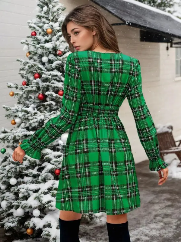 Plaid V Neck Mini Dress