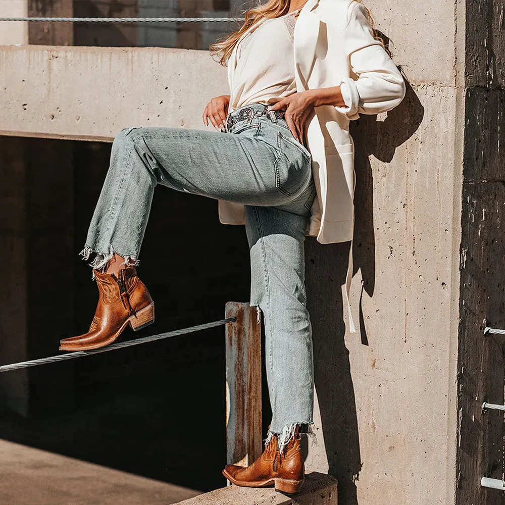 Faux-Leather Distressed Embroidered Zip-Up Western Boots