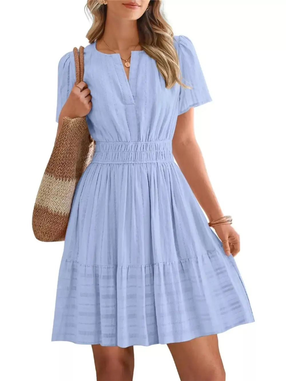 Tiered Smocked Short Sleeve Casual Dress