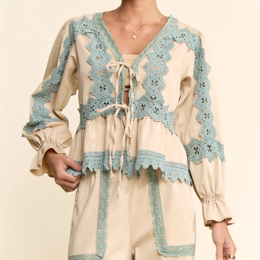 Tie Front Crochet Lace Detail Cardigan