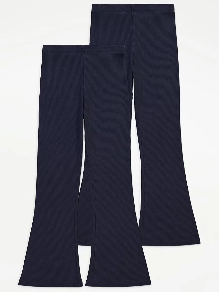 Navy Ribbed Kick Flare Trousers 2 Pack