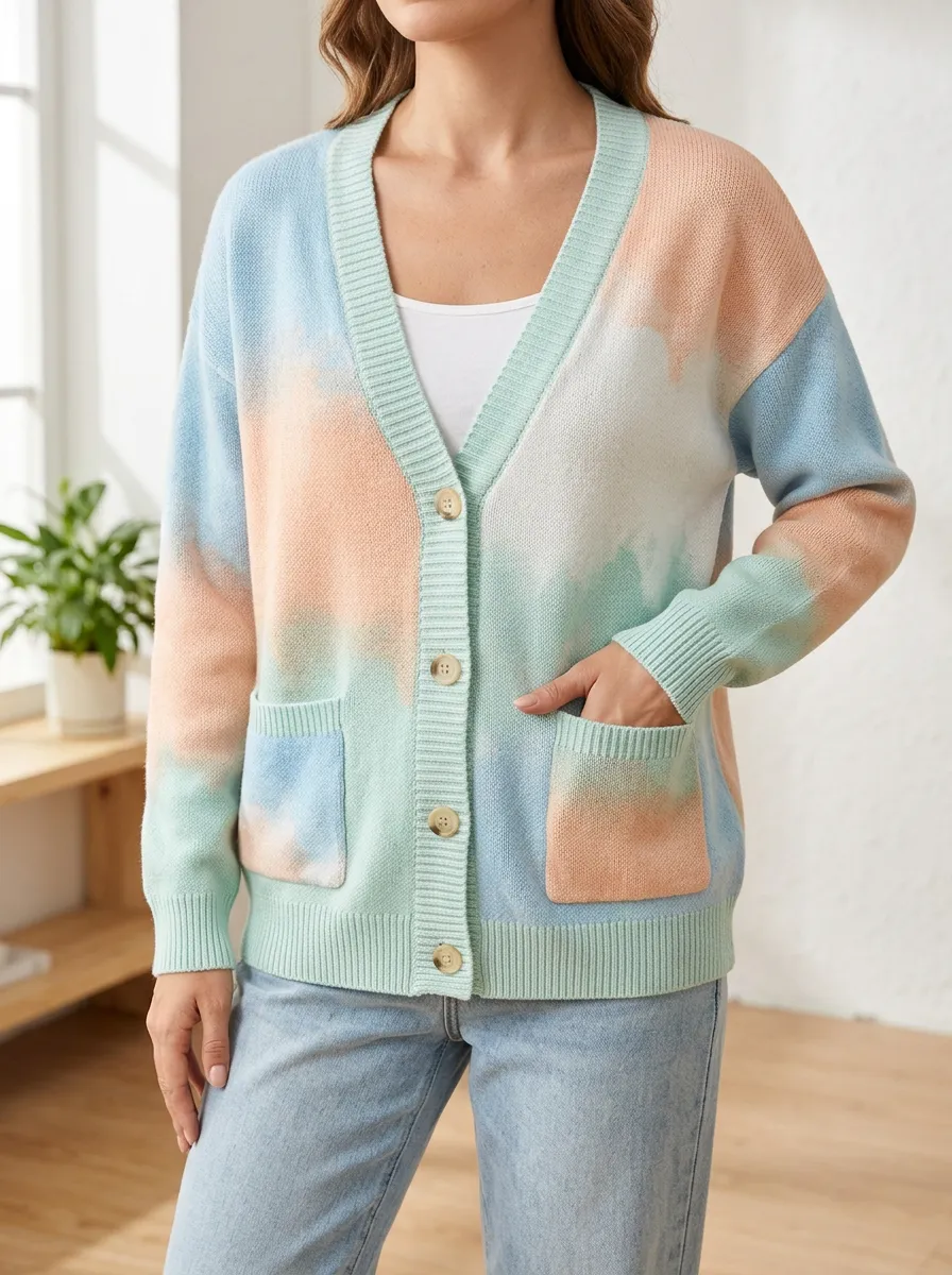 Women's Pastel Tie-Dye Pattern Printed V-Neck Classic Everyday Cardigan