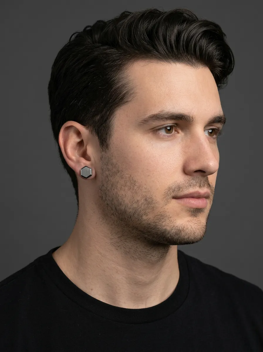 Men's Refined Geometric Hexagon Brushed Metal Stud Earrings