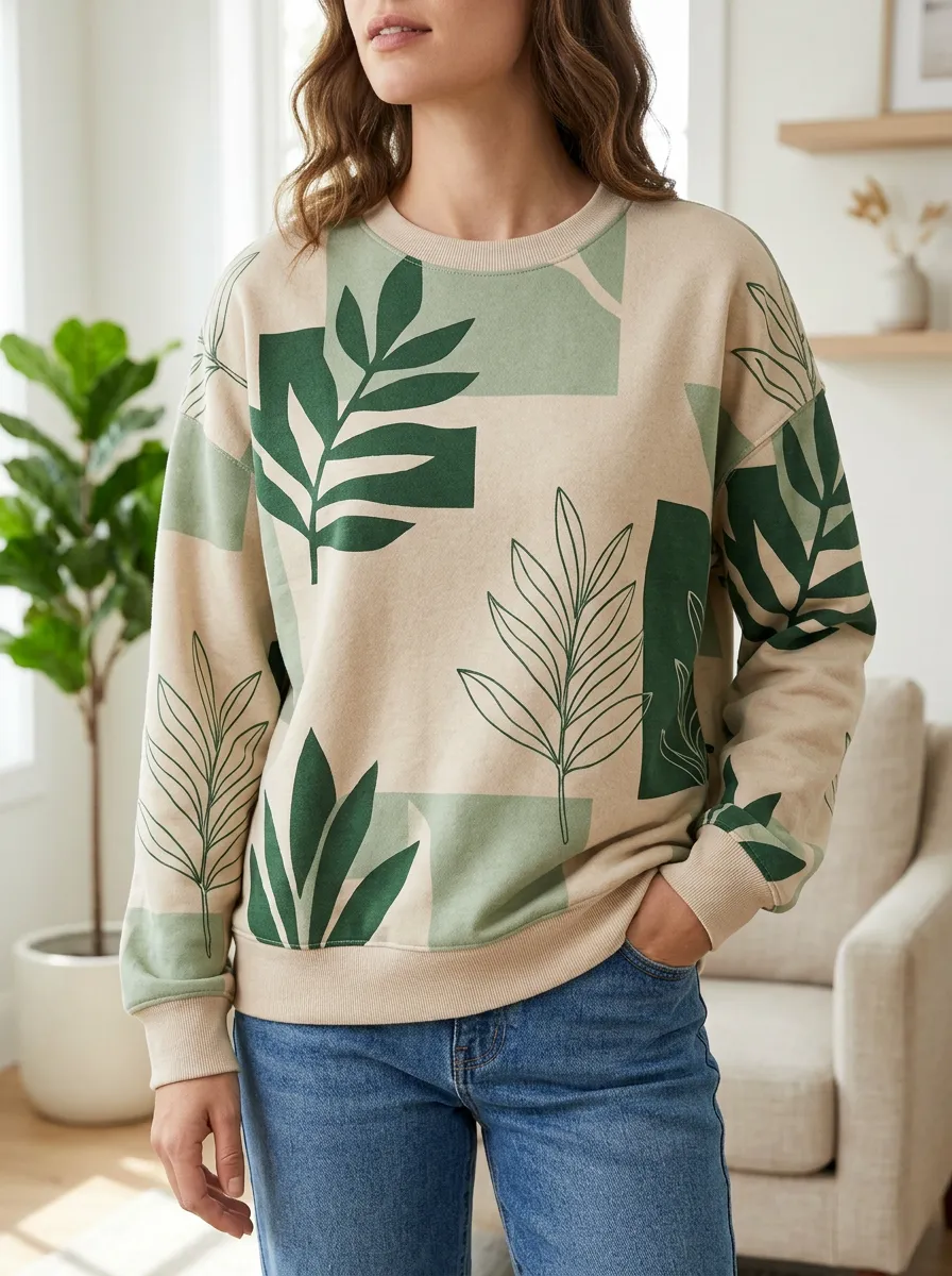 Women's and Botanical Print Crewneck Sweatshirt Crew Neck