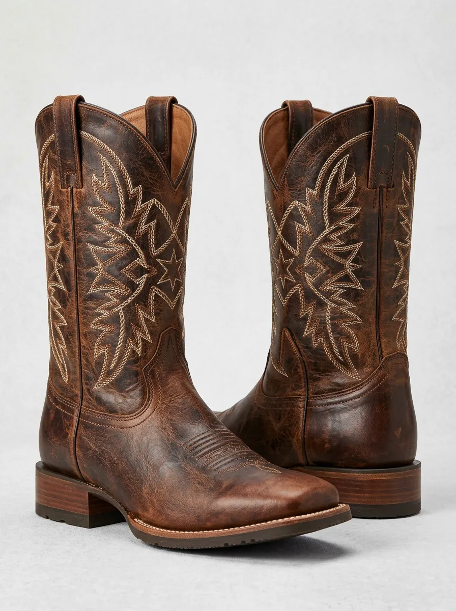 Outlaw-Inspired Star Embroidered Distressed Look Men's Western Cowboy Boots