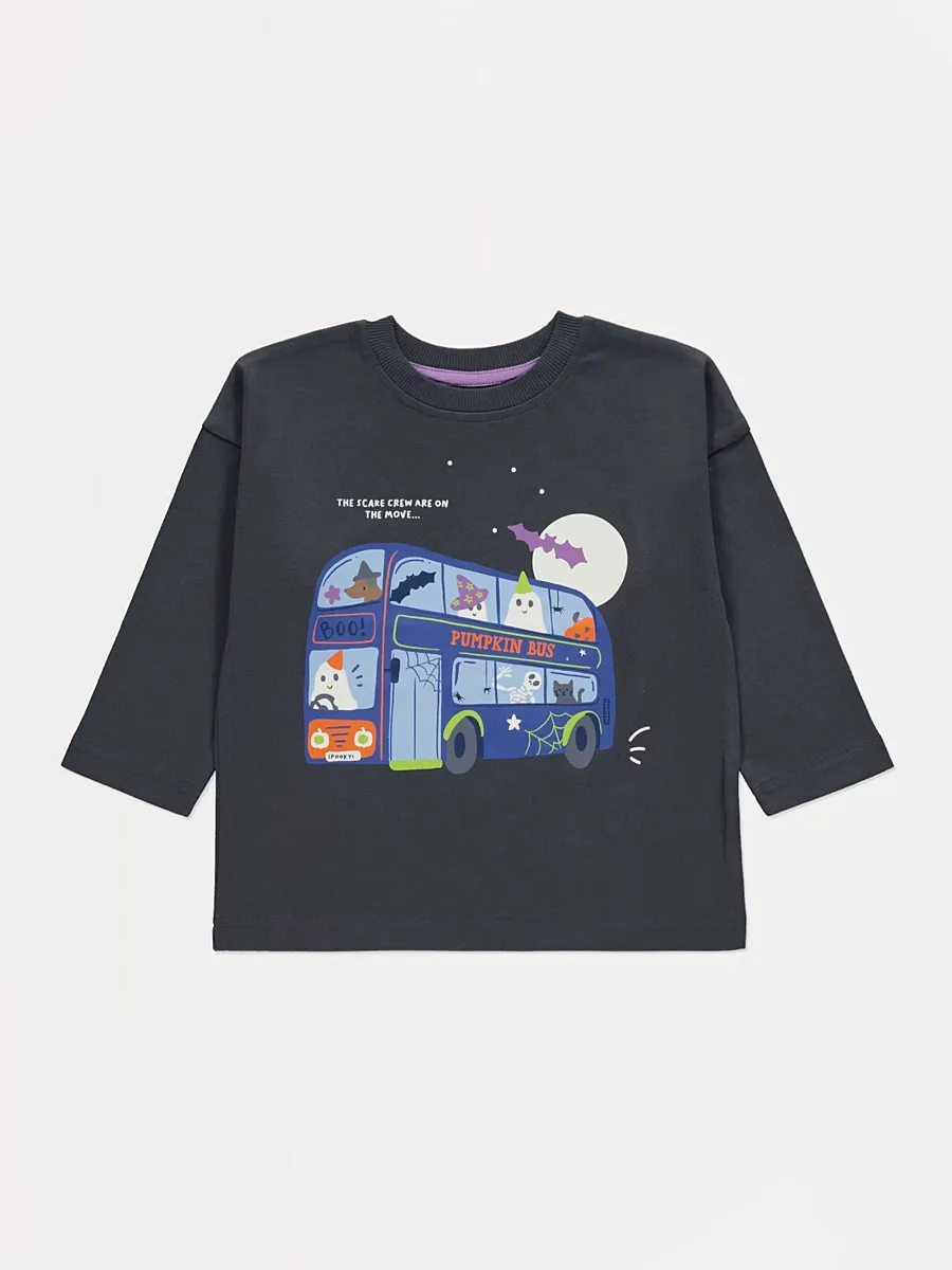 Halloween Charcoal Pumpkin Bus Long Sleeve T-Shirt