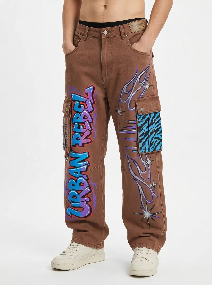 Men's Streetwear Urban Rebel Graffiti Flame Graphic Cargo Jeans