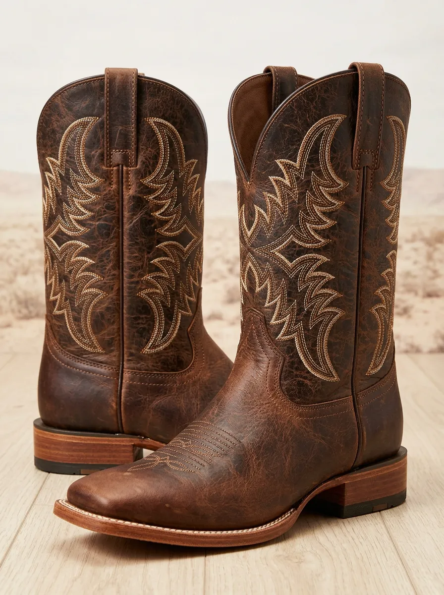 Unisex Vintage-Inspired Embroidered Distressed Leather-Look Pattern Western Cowboy Boots
