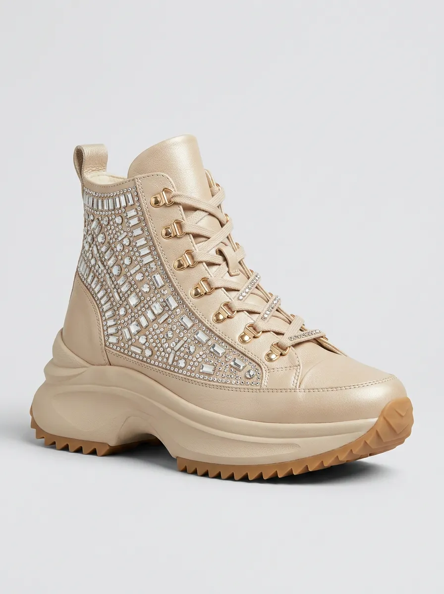 Lace-Detail High-Top Geometric Women's Rhinestone Platform Shoes