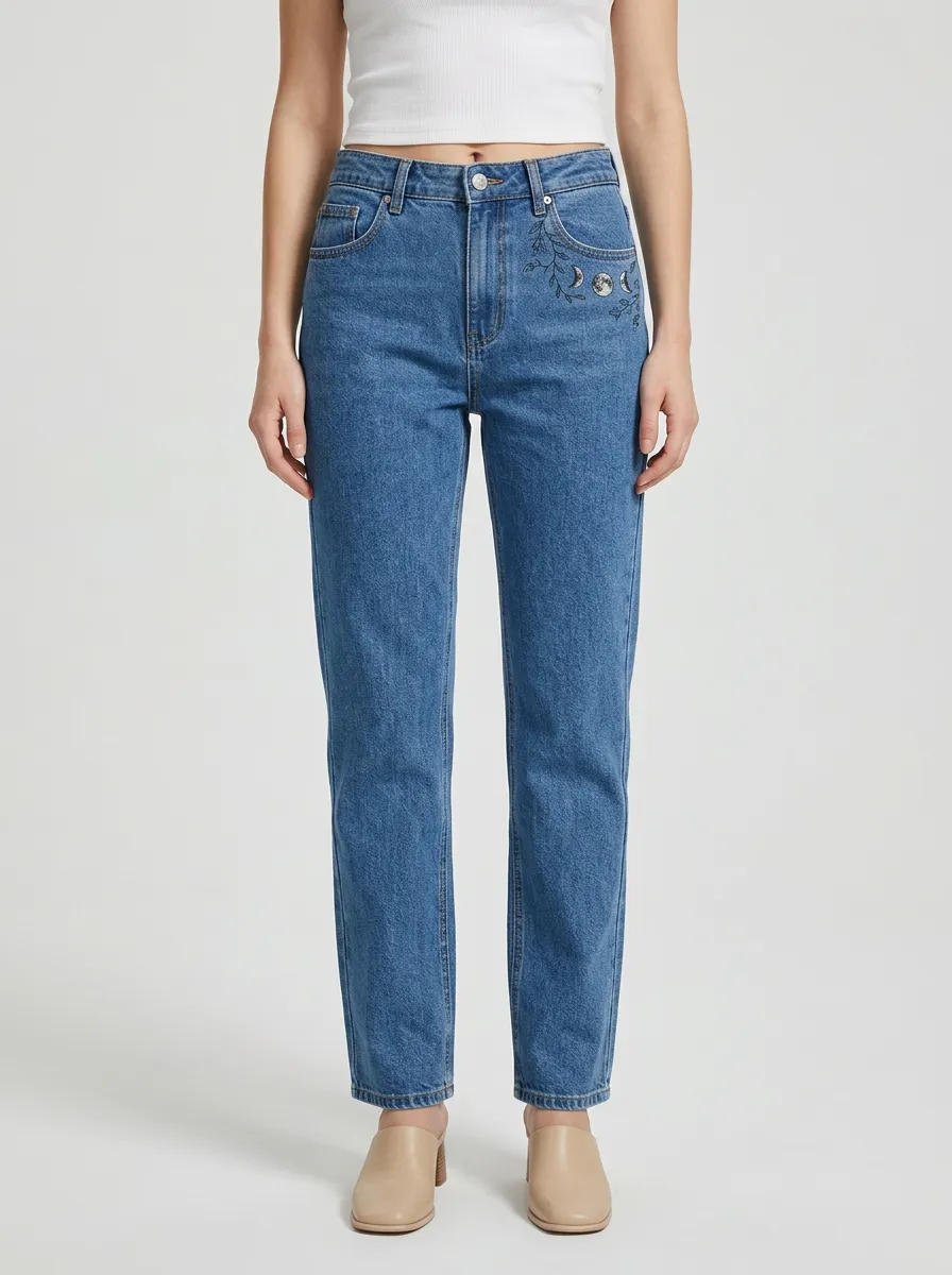 Women's Moon-Phase Floral Embroidered Left-Hip High-Rise Straight-Leg Jeans