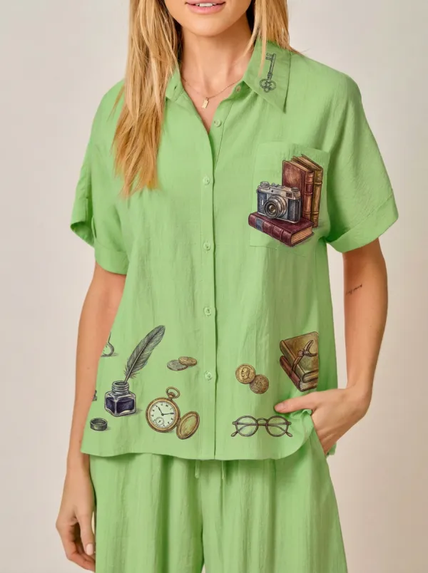 Women's Vintage Stationery Book Camera Printed Button-Up Shirt
