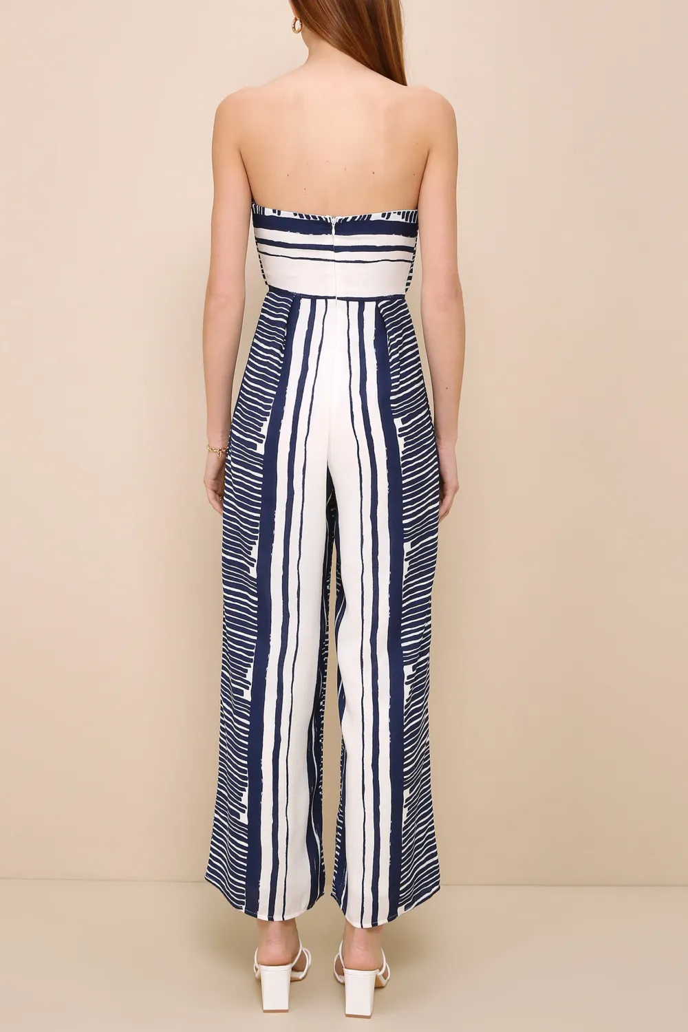 Daily Blue and White Striped Tie-Front Strapless Jumpsuit