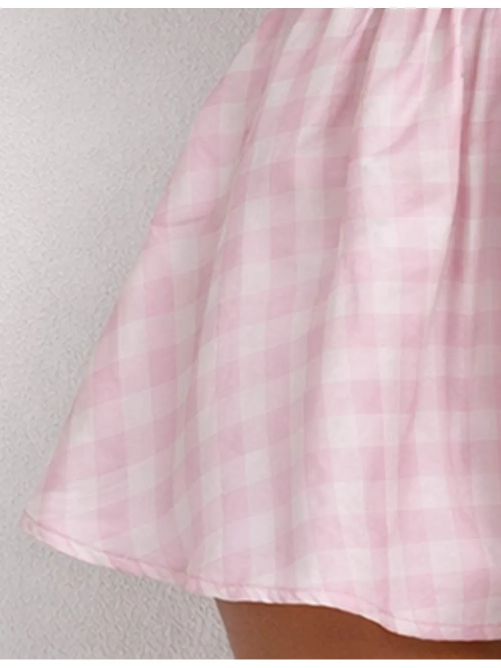 Checked Square Neck Sleeveless Puff Hem Mini Dress
