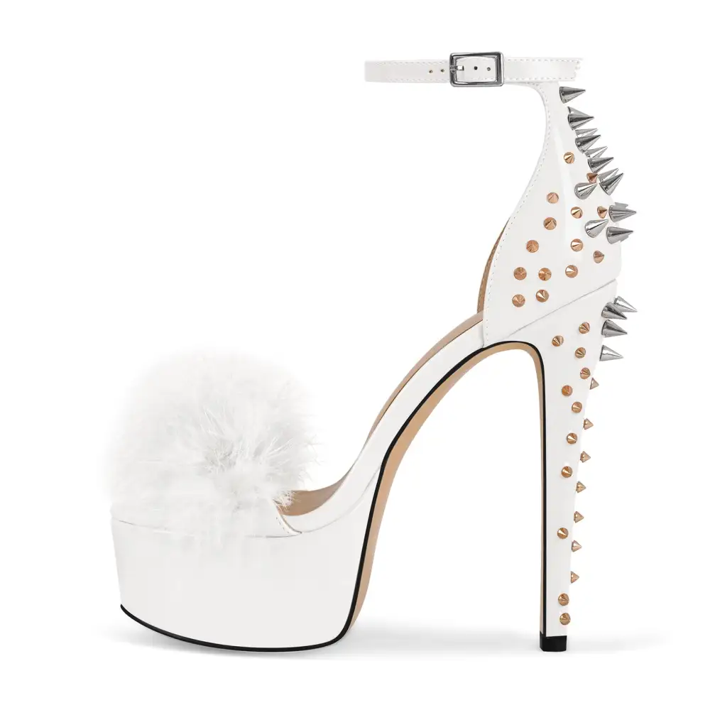 Fur Platform Rivet Ankle Strap Stiletto Sandals