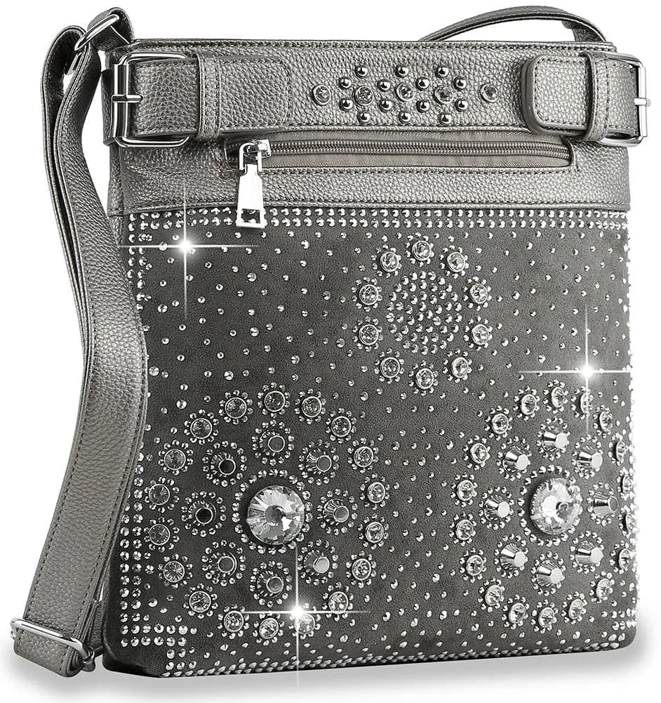 Studded Crystal Accent Pocketed Faux Leather Crossbody Sling Bag