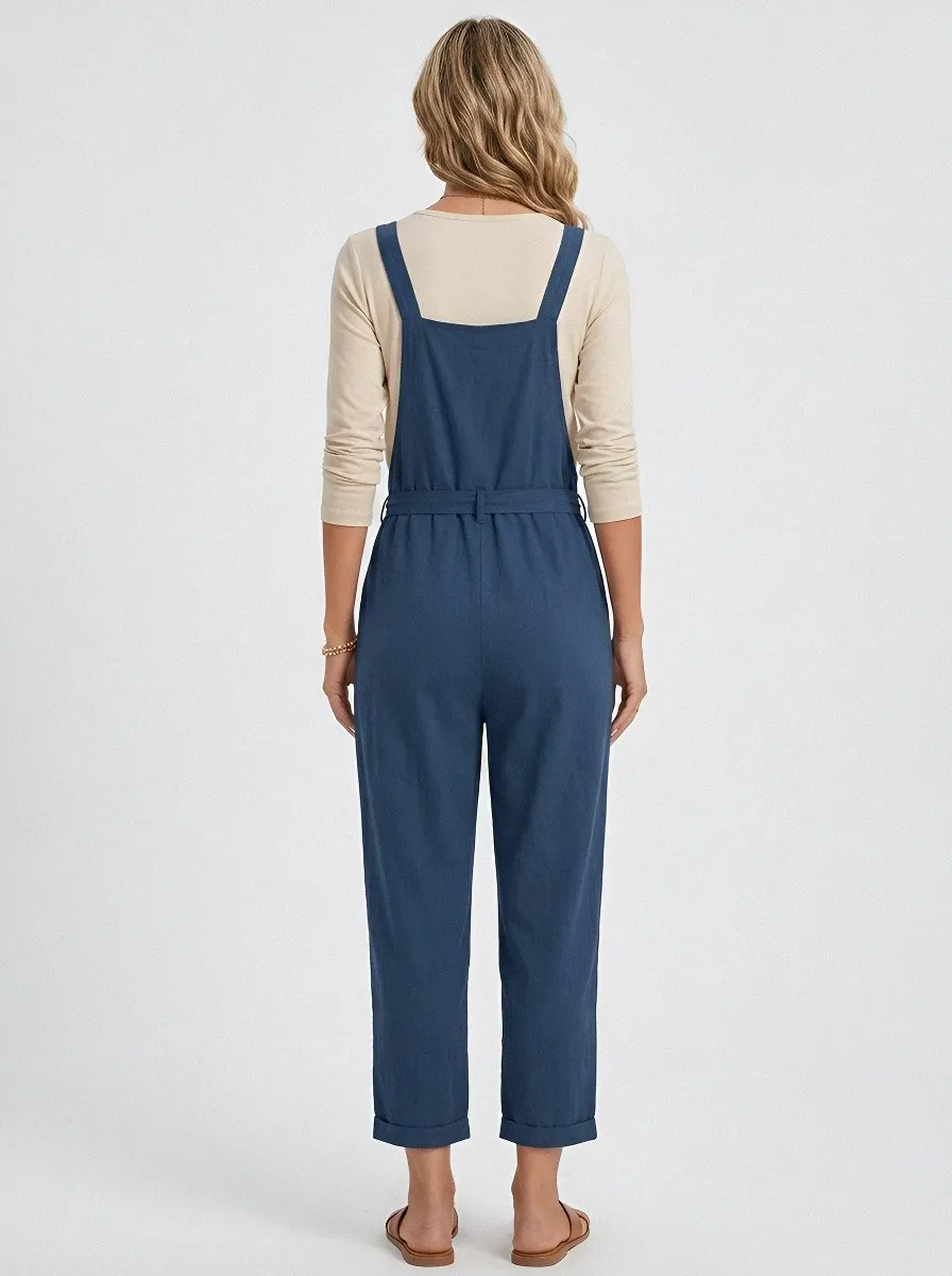 Women's Tie-Waist Patch-Pocket Cropped Overall Jumpsuit