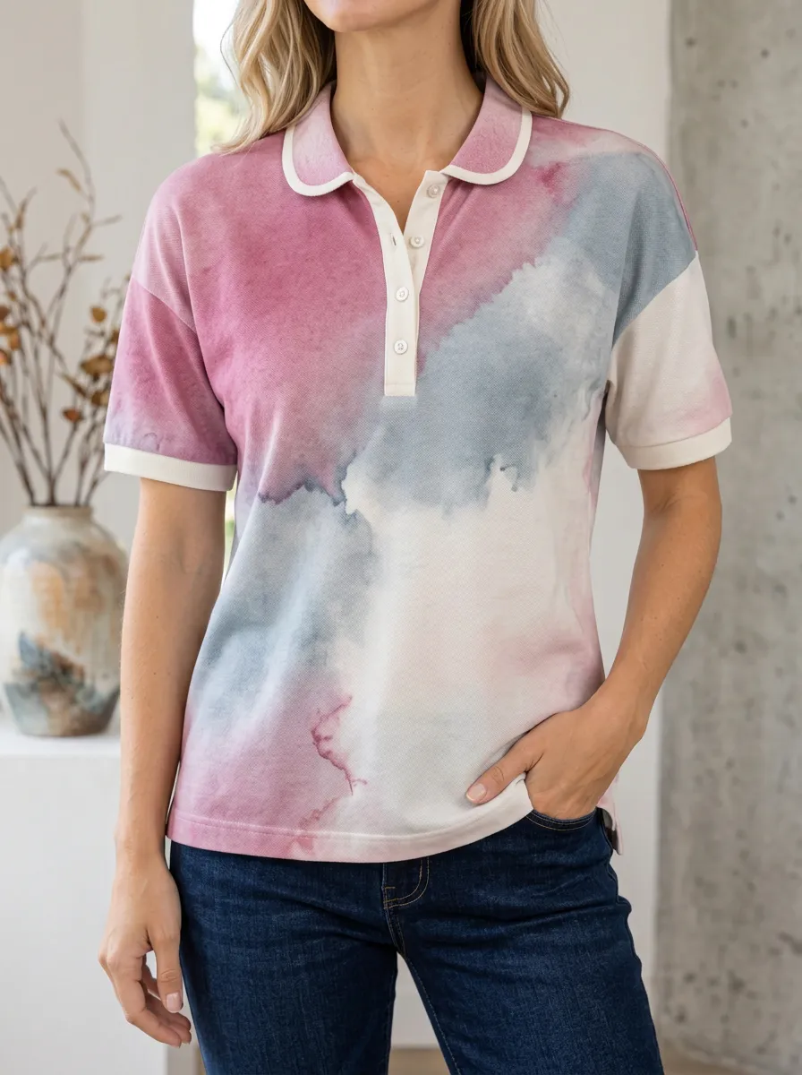 Women's Watercolor Abstract Pink Blue Printed Polo Shirt