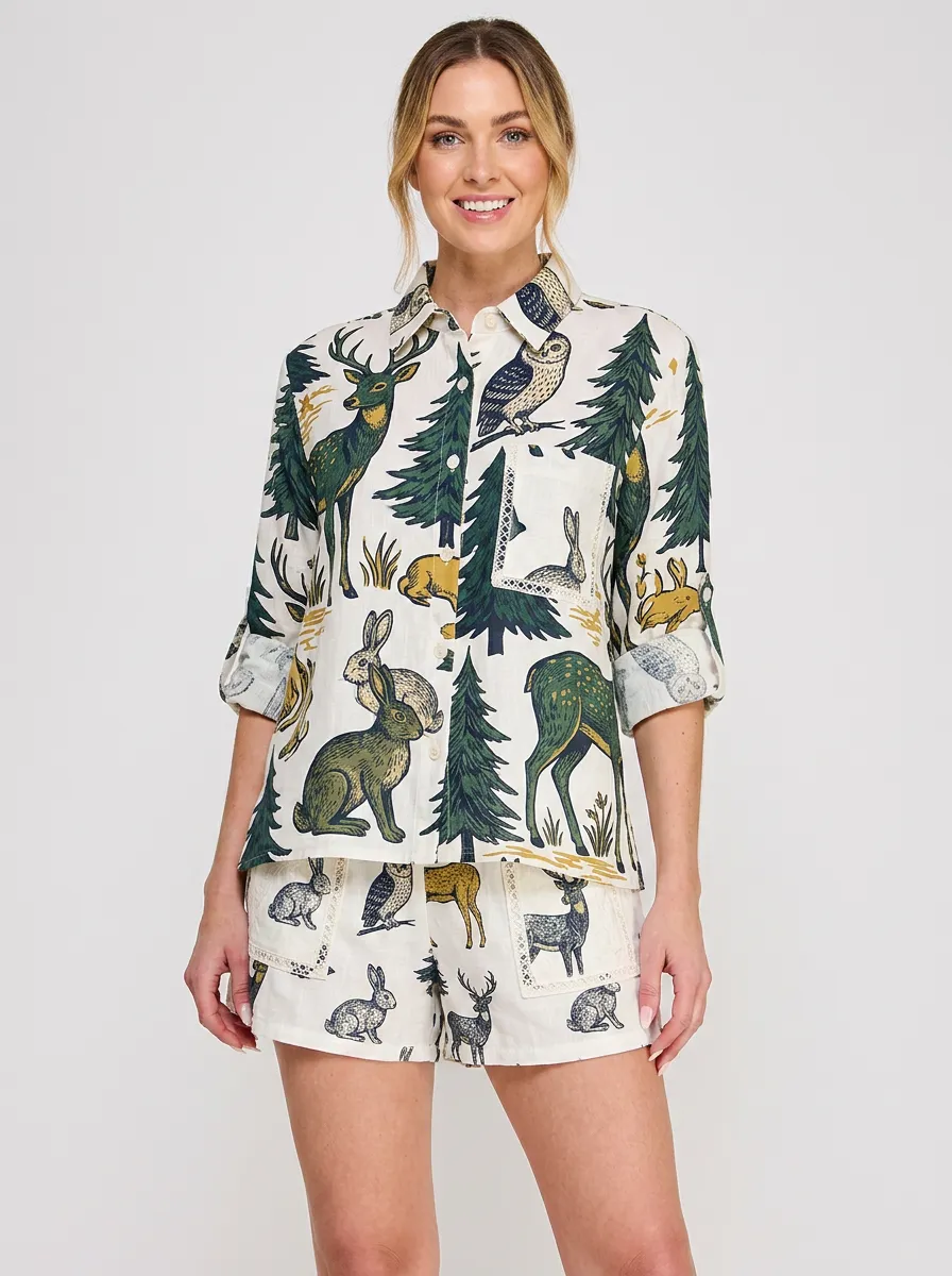 Women's Forest Animal Deer Rabbit Owl Printed Button-up Shirt