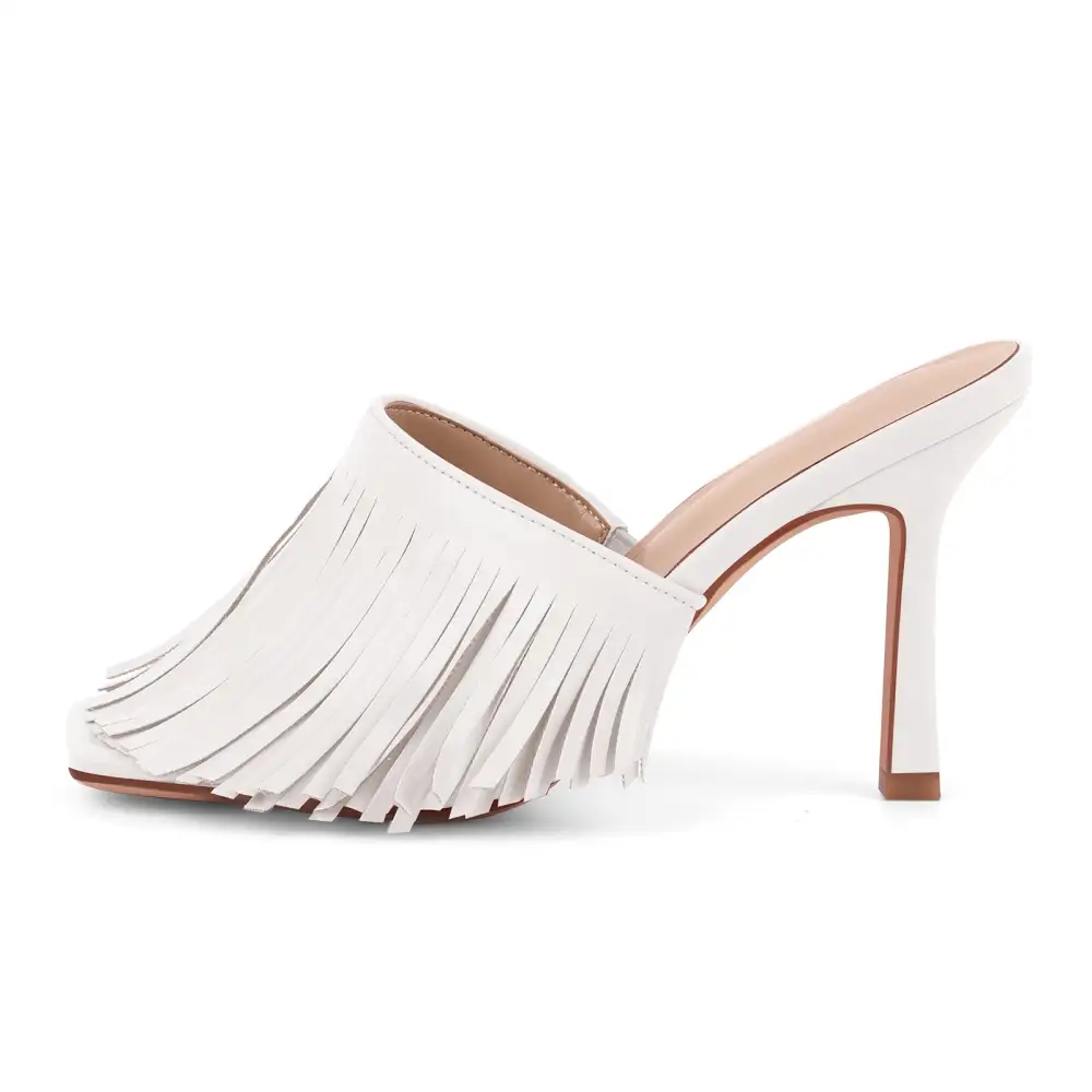 Square Toe Fringe Stiletto Mule Sandals