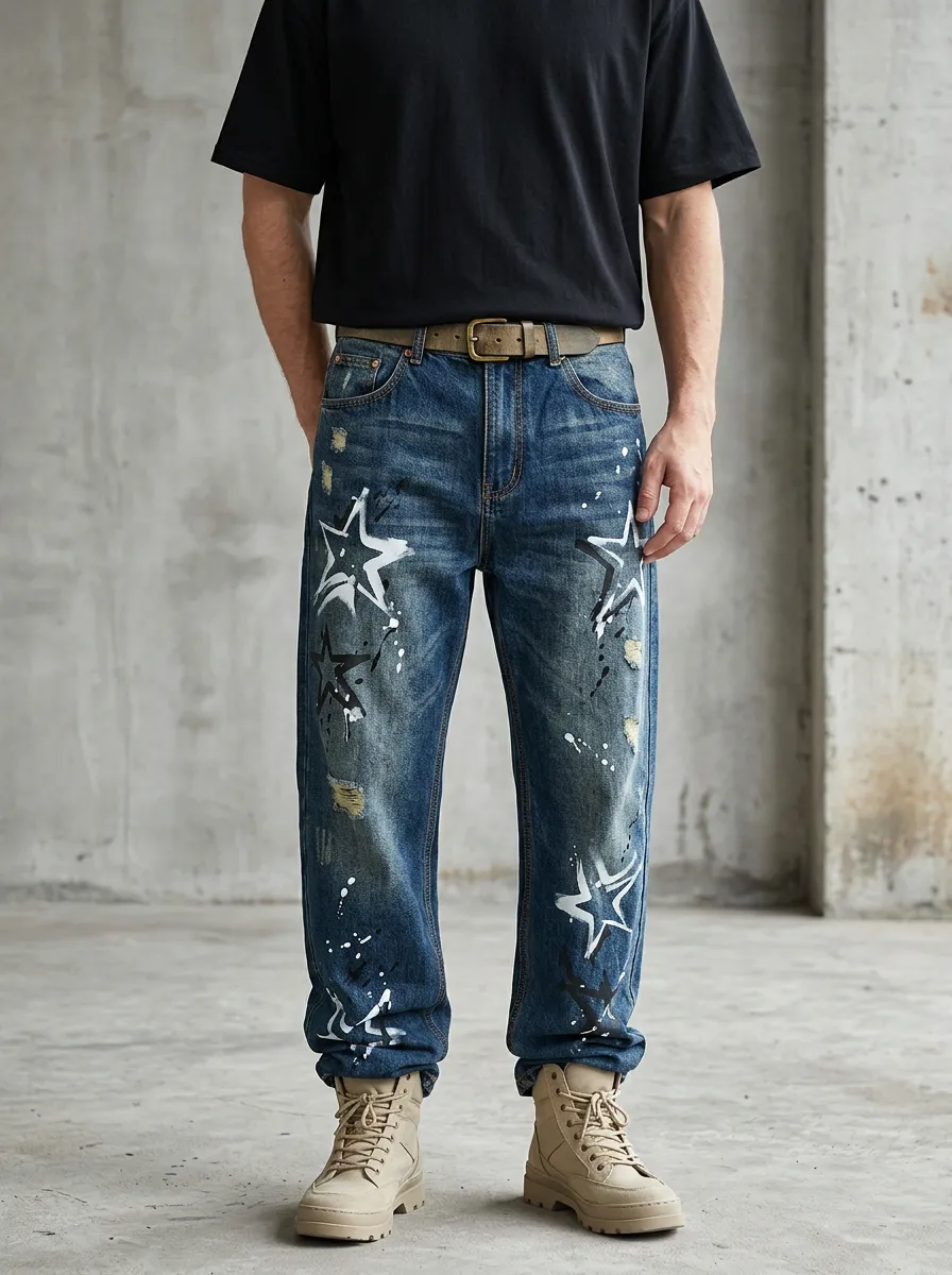 Men's Streetwear Star Paint Splatter Jeans