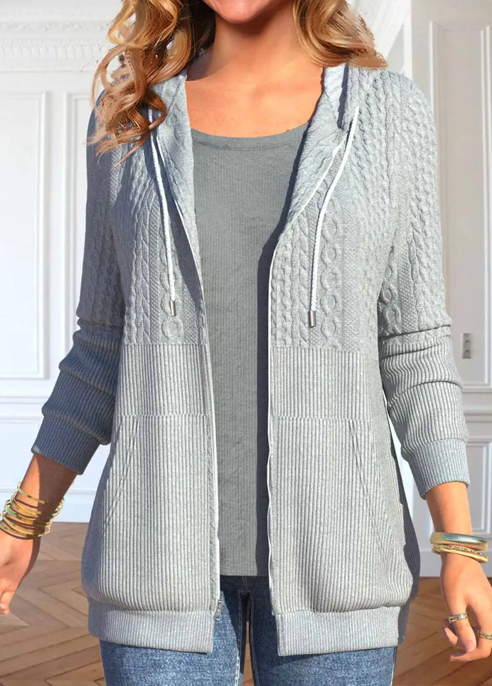Light Grey Pocket Long Sleeve Hooded Jacket