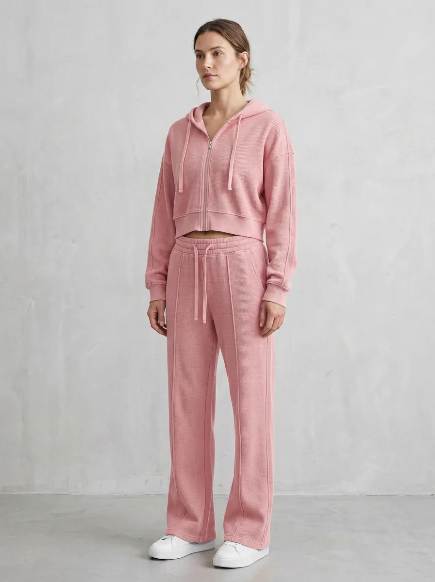 Women's Waffle Knit Sport Inspired Cropped Hooded Jacket and Flare Pants Active Set