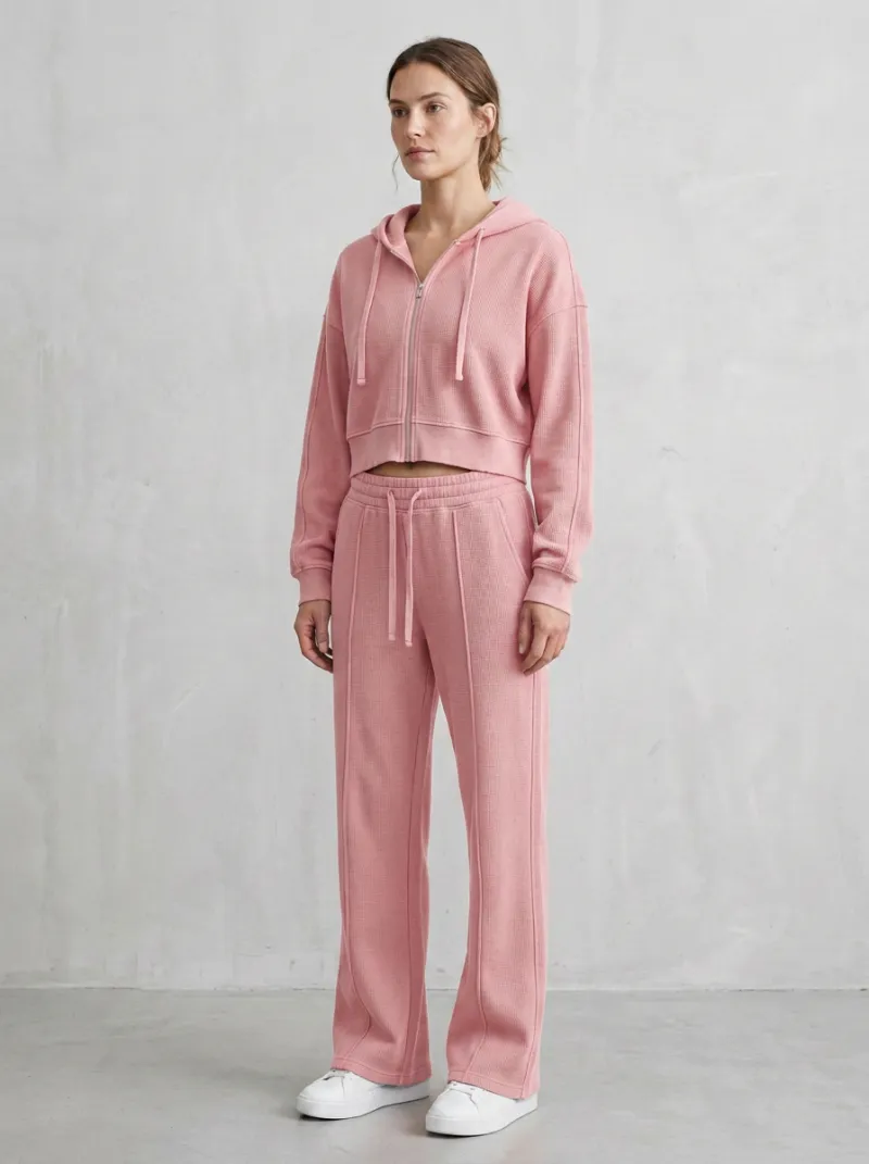 Women's Waffle Knit Sport Inspired Cropped Hooded Jacket and Flare Pants Active Set