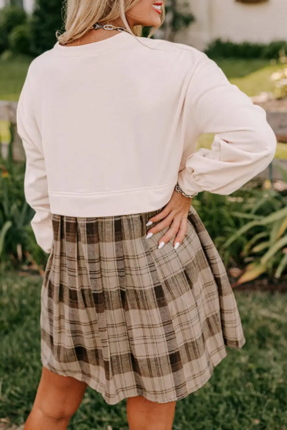 Classic Plaid Patchwork High Waist Sweatshirt Mini Dress