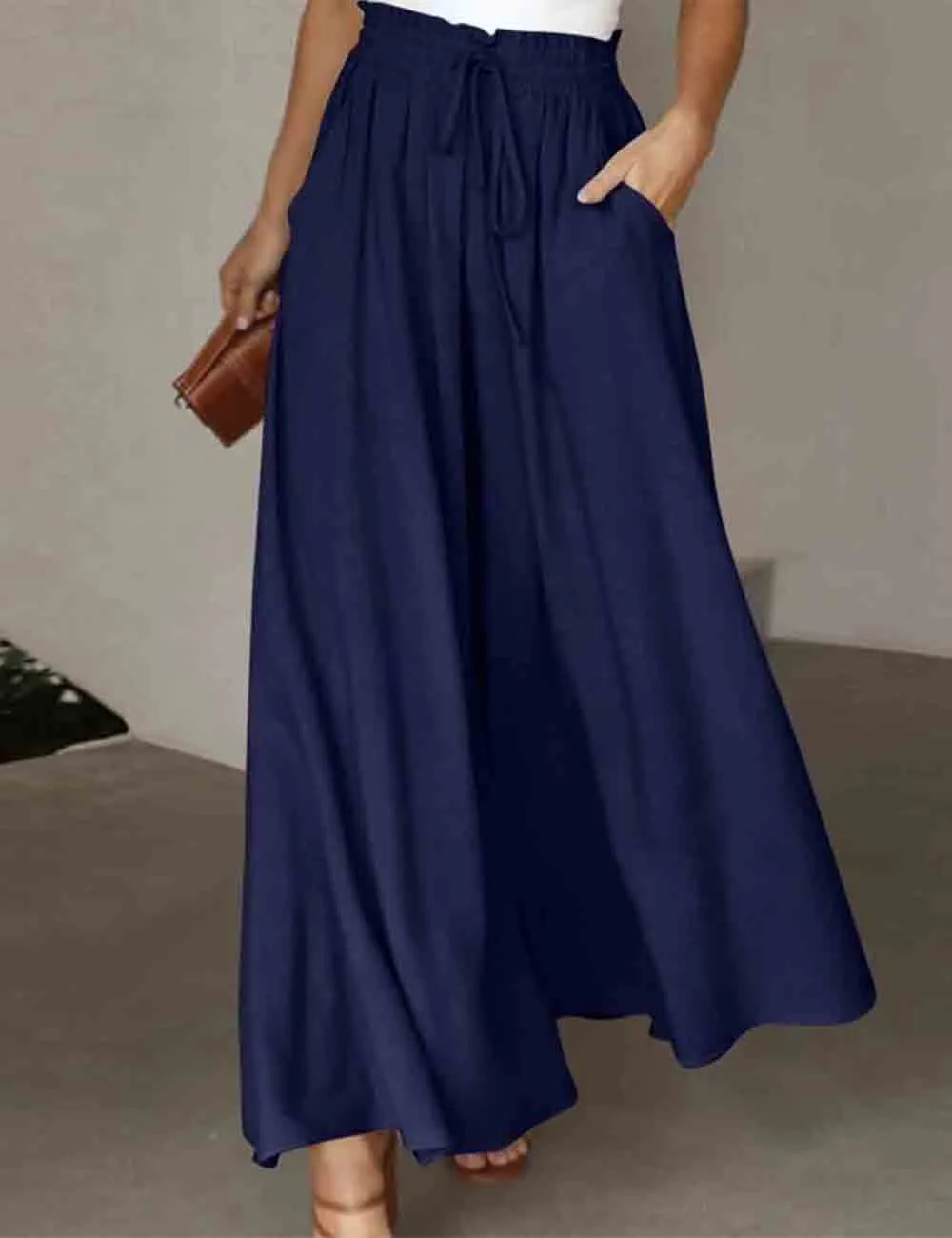 Elastic Waist Tie Wide Leg Pants