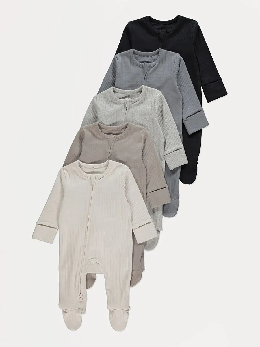 Neutral Ribbed Zip Fasten Sleepsuits 5 Pack